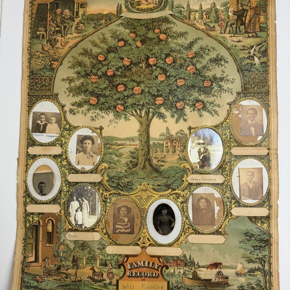 Antique Family Tree Record Lithograph with 10 Picture Old Photos